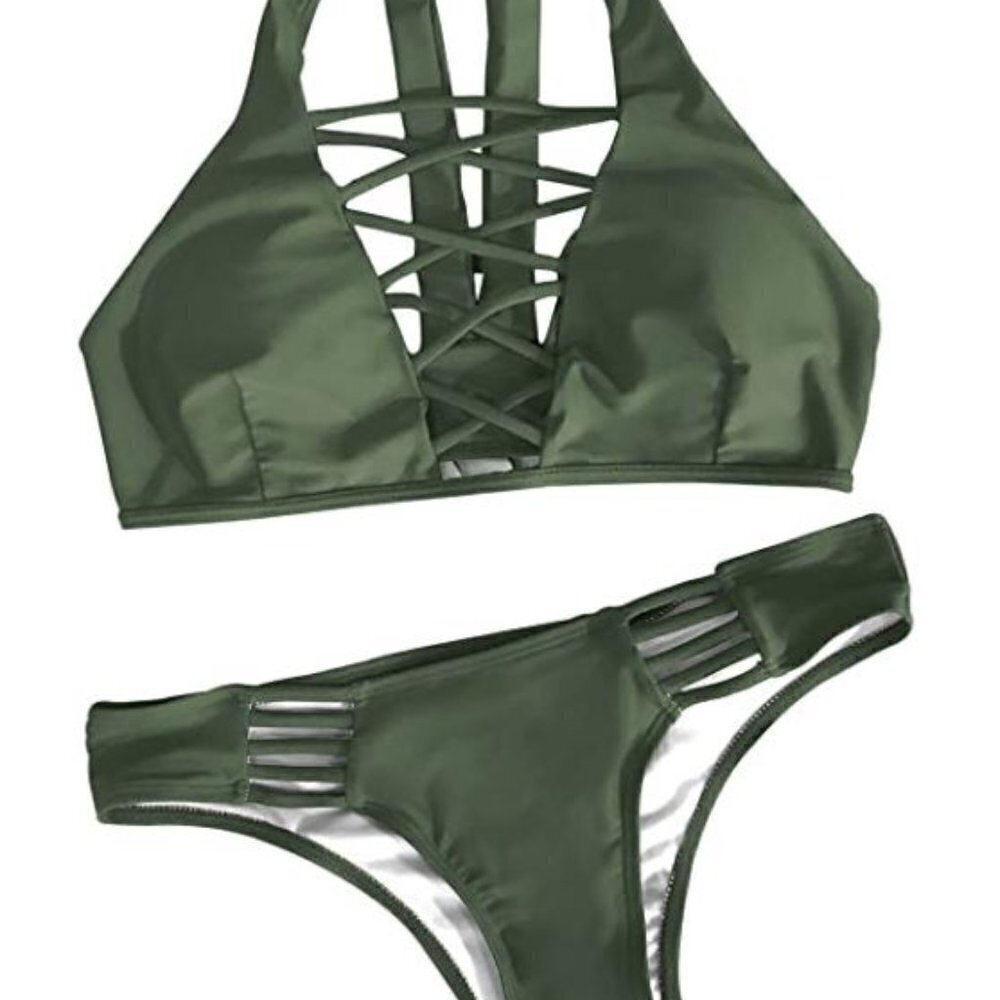 Cupshee Women's Lingering Farewell Solid Lace up Bikini - Olive Green - Size S